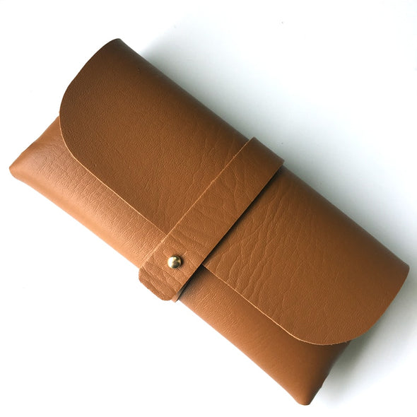 Snap-Close Leather Sunglasses Case - Brown